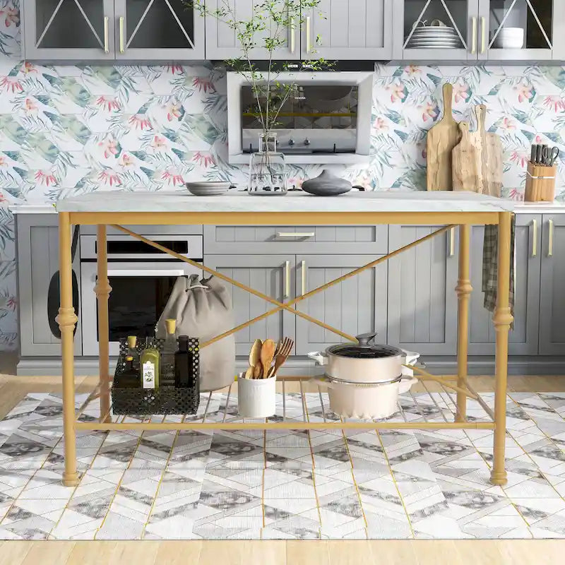 Contemporary White and Gold 58-Inch Wide Marble Top Kitchen Island