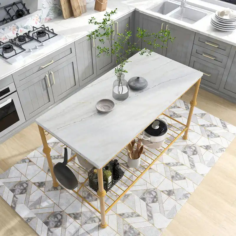 Contemporary White and Gold 58-Inch Wide Marble Top Kitchen Island