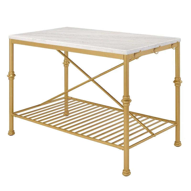 Contemporary White and Gold 58-Inch Wide Marble Top Kitchen Island