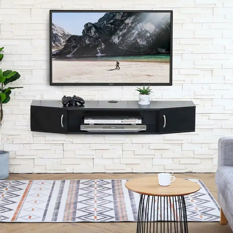 Wisząca szafka RTV z biurkiem montowanym na ścianie i nadstawką do przechowywania