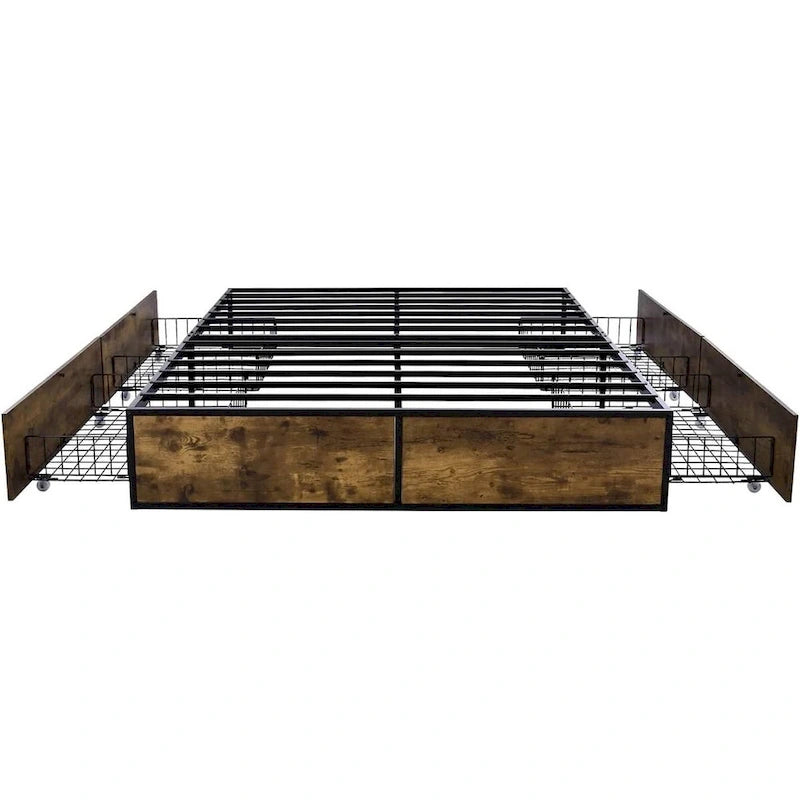 Cadre de lit plateforme Queen en métal et bois avec 4 tiroirs de rangement - Poids maximal de 800 lbs
