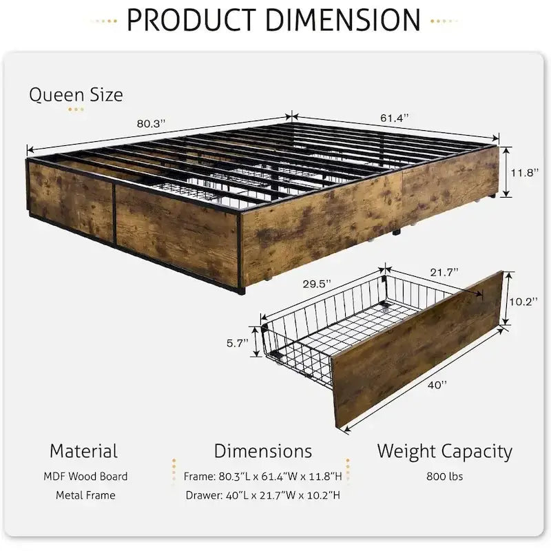 Cadre de lit plateforme Queen en métal et bois avec 4 tiroirs de rangement - Poids maximal de 800 lbs