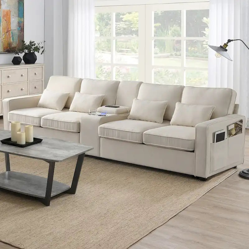 Divano moderno rivestito in tessuto di lino con console, 4 cuscini, portabicchieri, USB