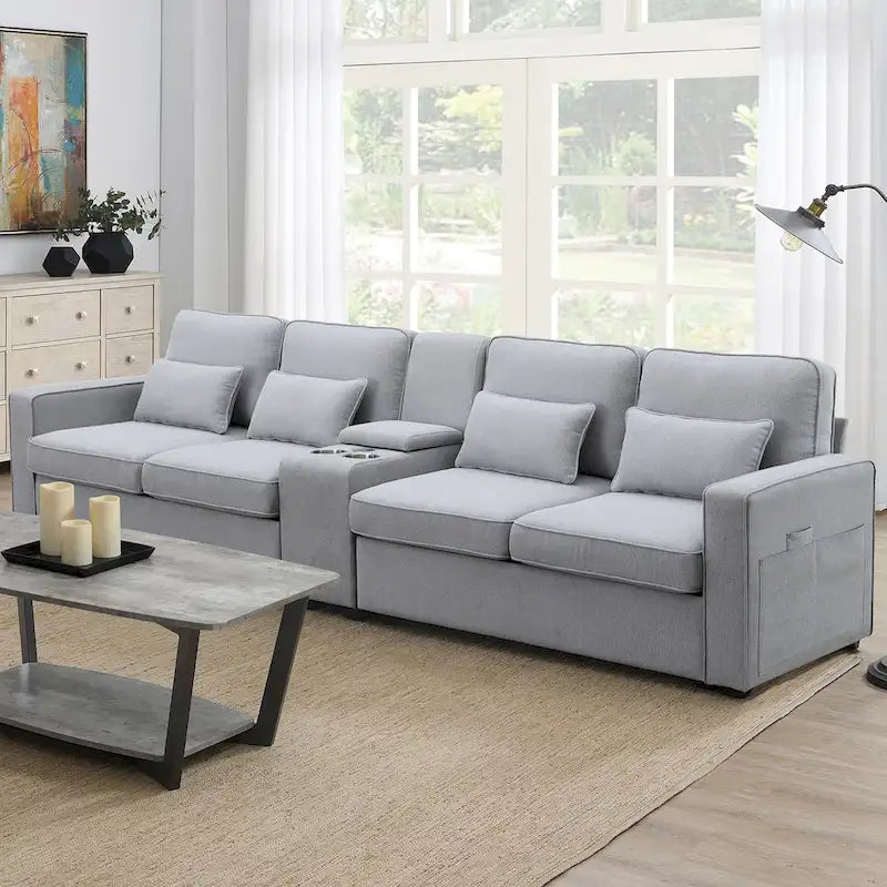 Divano moderno rivestito in tessuto di lino con console, 4 cuscini, portabicchieri, USB