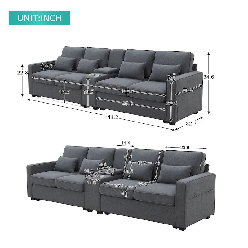 Divano moderno rivestito in tessuto di lino con console, 4 cuscini, portabicchieri, USB