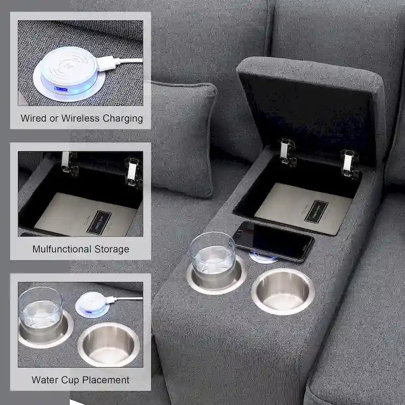 Divano moderno rivestito in tessuto di lino con console, 4 cuscini, portabicchieri, USB