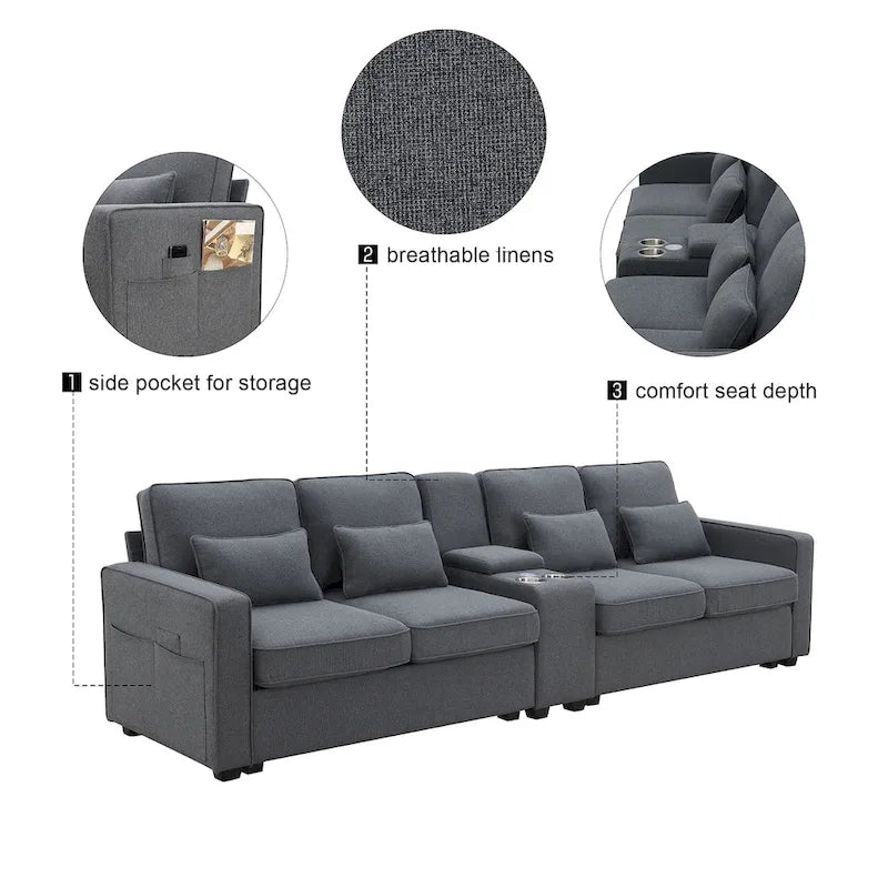Divano moderno rivestito in tessuto di lino con console, 4 cuscini, portabicchieri, USB