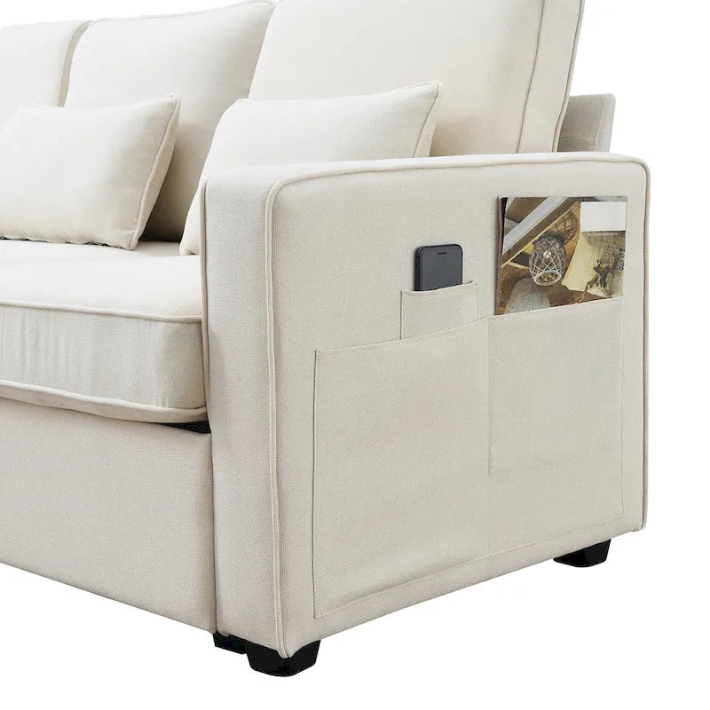 Modern Linen Fabric Upholstered Sofa with Console, 4Pillows,Cupholders,USB