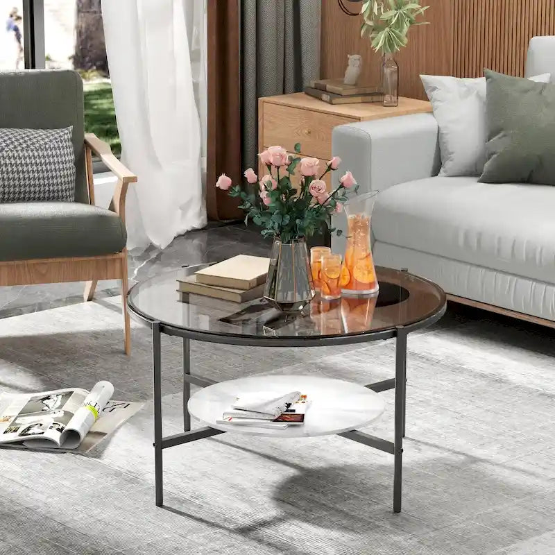 Runder Couchtisch mit Stauraum und 2 Ebenen, Tischplatte aus gehärtetem Glas und Akzent aus Sinterstein