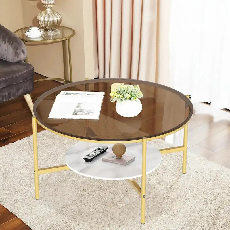 Runder Couchtisch mit Stauraum und 2 Ebenen, Tischplatte aus gehärtetem Glas und Akzent aus Sinterstein