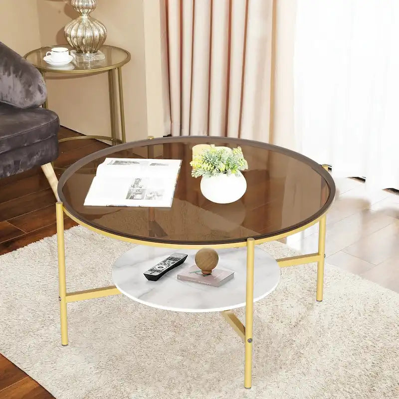 Runder Couchtisch mit Stauraum und 2 Ebenen, Tischplatte aus gehärtetem Glas und Akzent aus Sinterstein