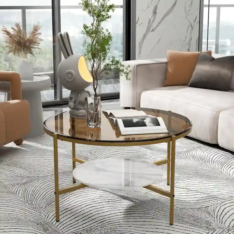 Runder Couchtisch mit Stauraum und 2 Ebenen, Tischplatte aus gehärtetem Glas und Akzent aus Sinterstein