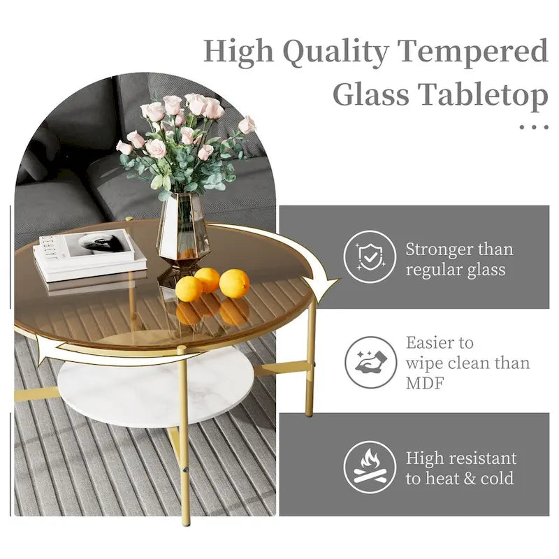 Runder Couchtisch mit Stauraum und 2 Ebenen, Tischplatte aus gehärtetem Glas und Akzent aus Sinterstein