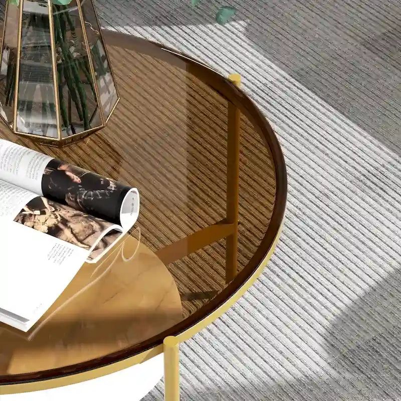 Runder Couchtisch mit Stauraum und 2 Ebenen, Tischplatte aus gehärtetem Glas und Akzent aus Sinterstein