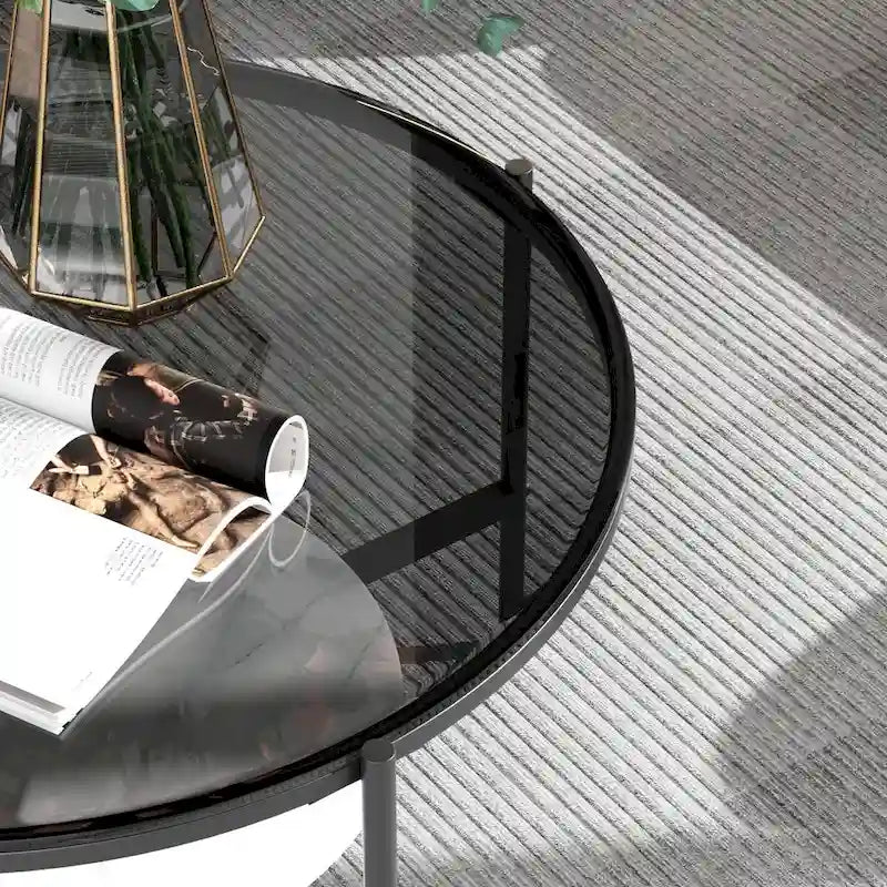Runder Couchtisch mit Stauraum und 2 Ebenen, Tischplatte aus gehärtetem Glas und Akzent aus Sinterstein