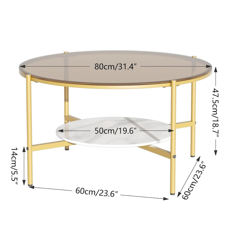 Runder Couchtisch mit Stauraum und 2 Ebenen, Tischplatte aus gehärtetem Glas und Akzent aus Sinterstein