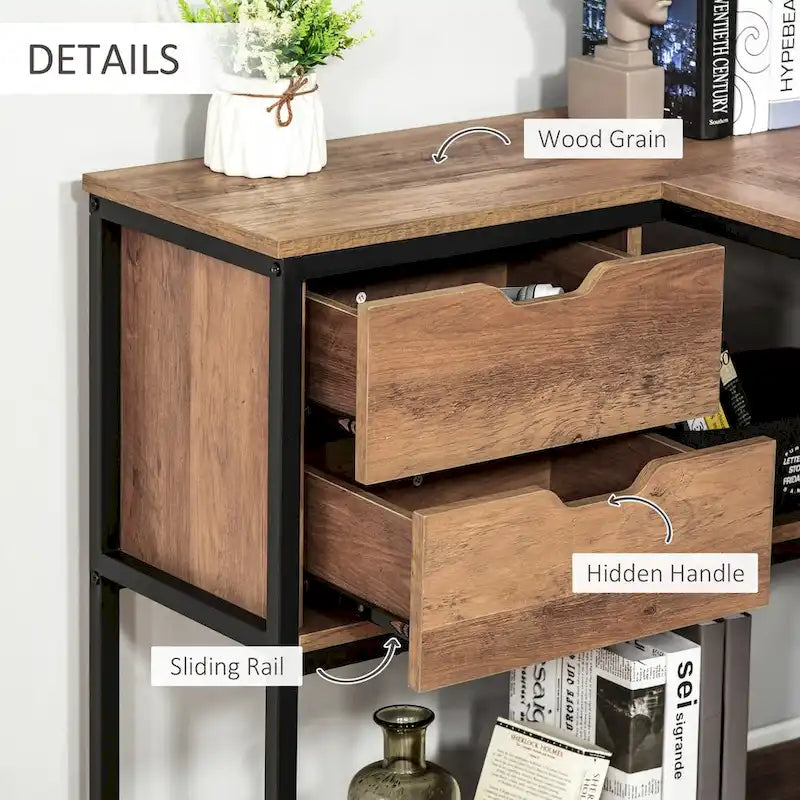 Industrial L-Shaped Computer Desk with Storage Shelves and 2 Drawers