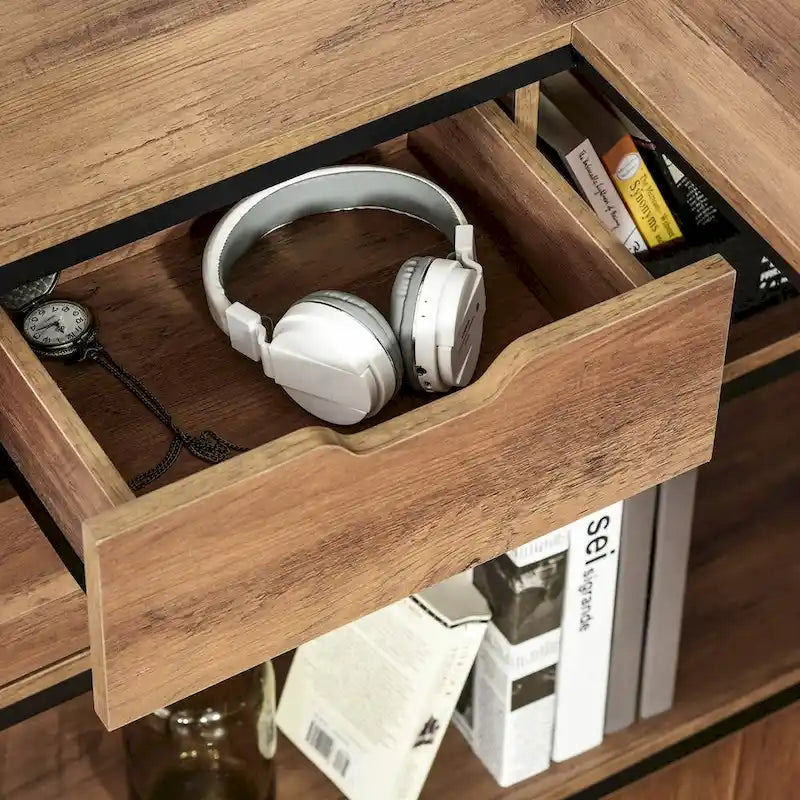 Industrial L-Shaped Computer Desk with Storage Shelves and 2 Drawers
