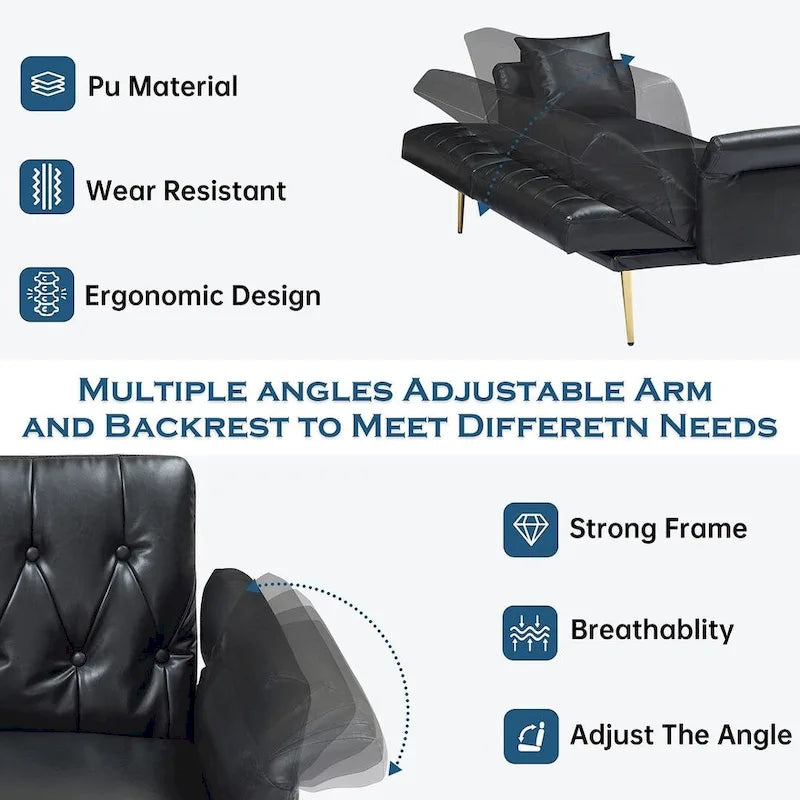 Divano letto futon, divanetto pieghevole convertibile in ecopelle, poltrona letto, chaise longue con braccioli regolabili per piccoli spazi