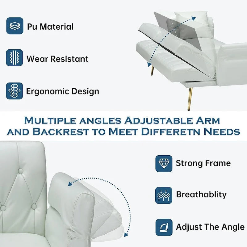 Divano letto futon, divanetto pieghevole convertibile in ecopelle, poltrona letto, chaise longue con braccioli regolabili per piccoli spazi
