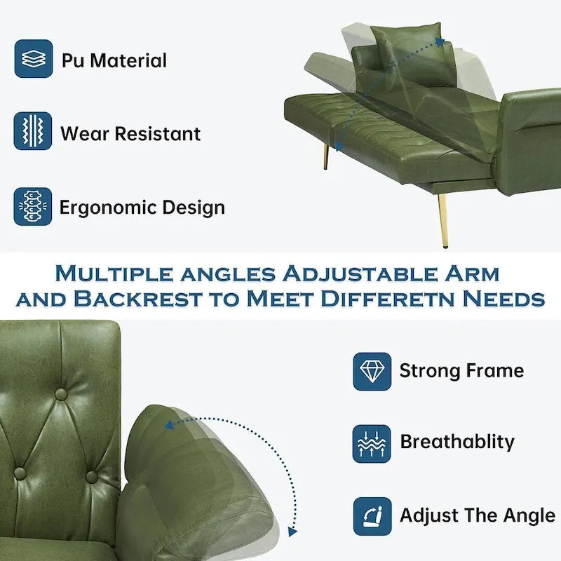 Divano letto futon, divanetto pieghevole convertibile in ecopelle, poltrona letto, chaise longue con braccioli regolabili per piccoli spazi