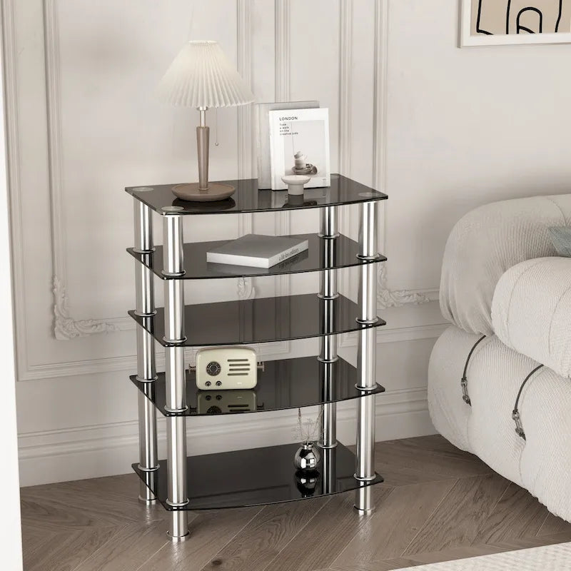 Beistelltisch mit 5 Ebenen aus gehärtetem Glas und Edelstahlgestell für Wohnzimmer und Schlafzimmer, Schwarz
