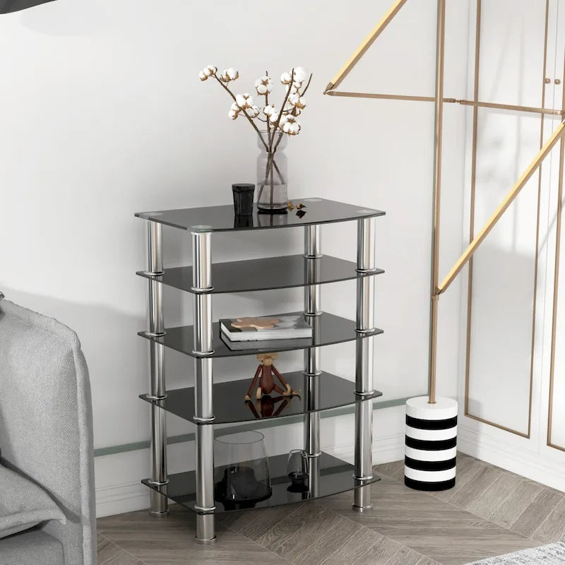 Beistelltisch mit 5 Ebenen aus gehärtetem Glas und Edelstahlgestell für Wohnzimmer und Schlafzimmer, Schwarz