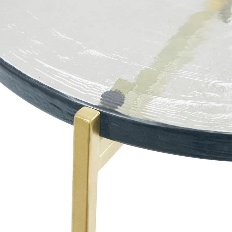 Tavolino laterale d'accento in metallo a forma di X con piano in vetro testurizzato - oro o nero